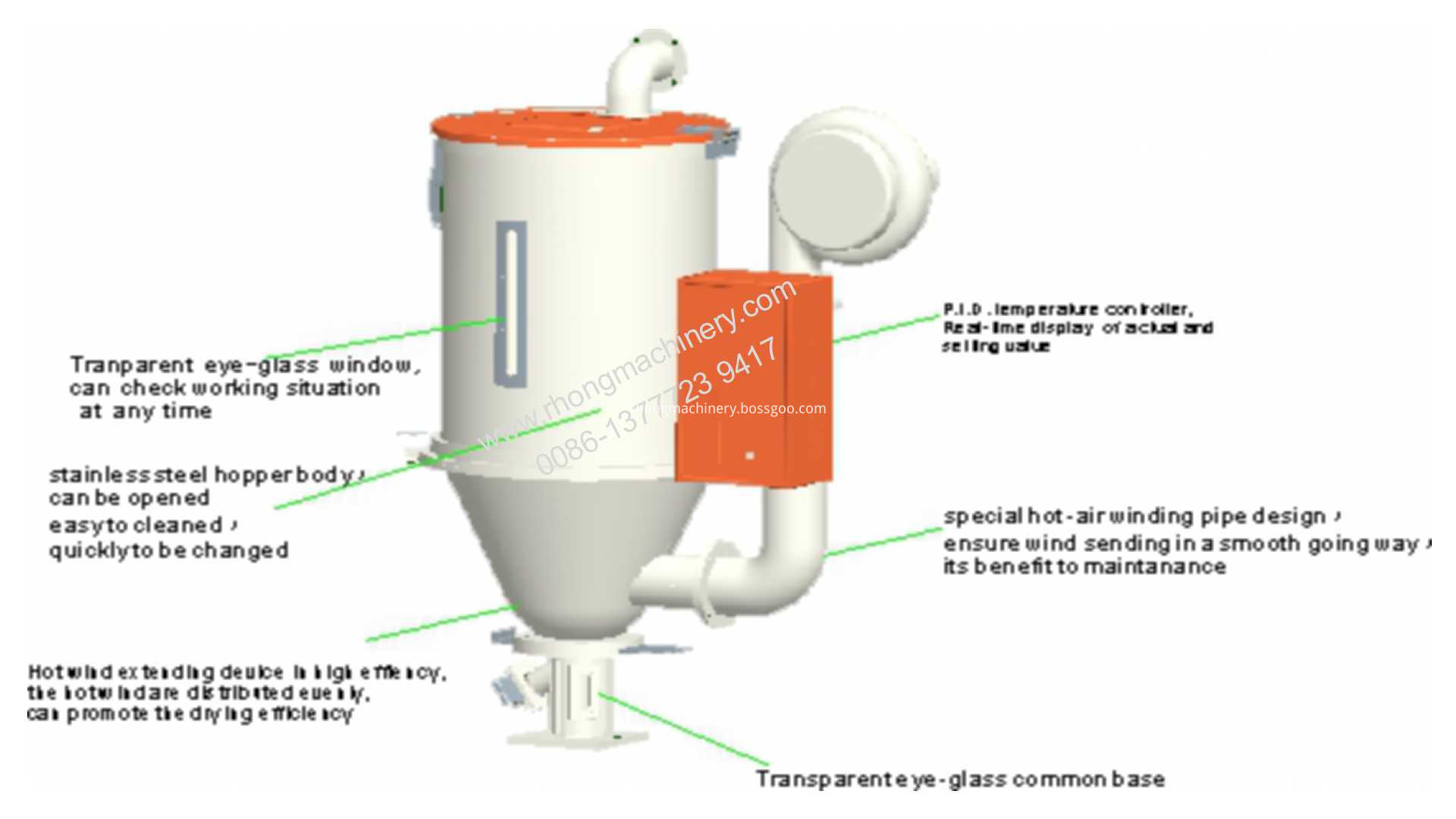 RHONG RDM hopper dryer with N type stand frame