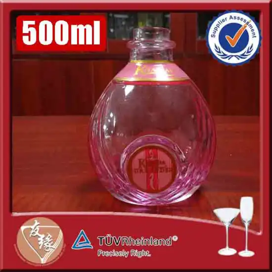 cork stopper sealing type round embossed round shape pink color liquor glass bottle 500ml