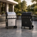 Parrilla de barbacoa de gas propano líquido de lujo con 4 quemadores, gabinete de doble puerta de acero inoxidable y 2 ruedas todoterreno