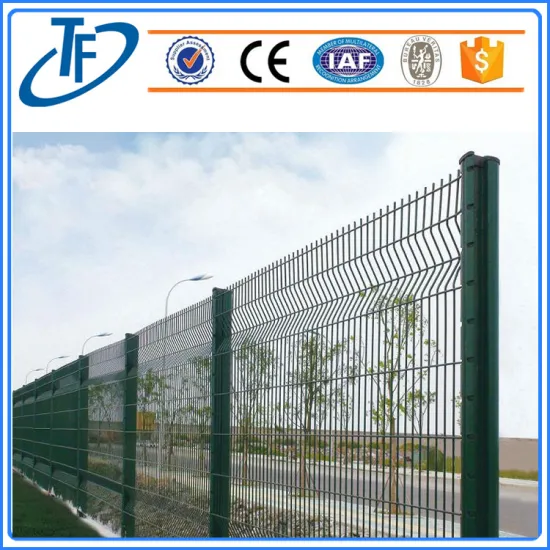 Colorful welded garden fence with peach shaped post