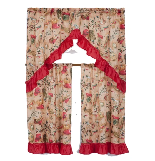 Bamboo Printing Kitchen Window Curtain Set with Ruffle Valance (3 Pcs)
