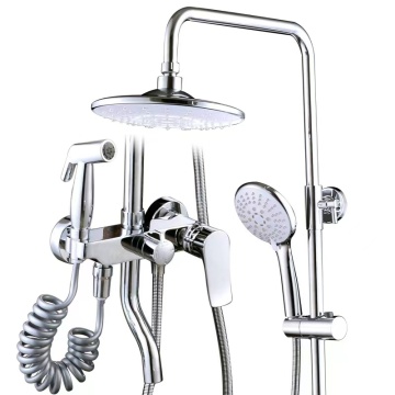 Multifunction Brass Wall Mount Bathroom Shower Mixer Set with Rain Overhead and Sprayer