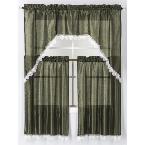 3pcs Faux Silk Embroidery Kitchen & Cafe Window Curtains