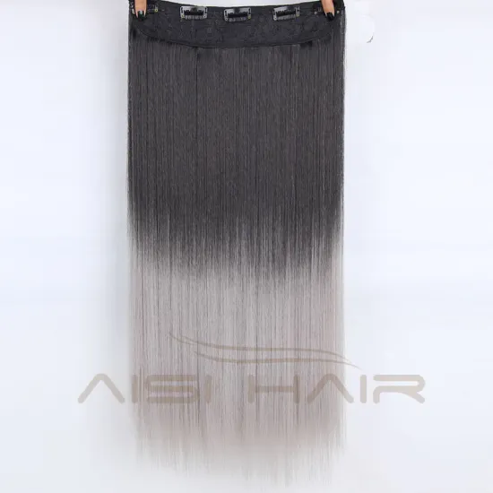 Heat Resistant Synthetic Fake Hair Pieces Long Straight 5 Clips In Hair Extensions Ombre Grey Hairpieces