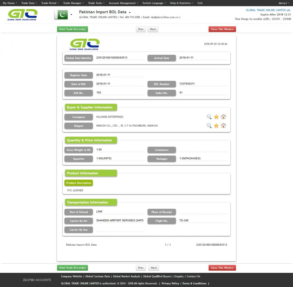 Chemical-Parkistan Bill of Lading