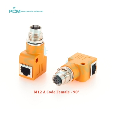 IP67 M12 A-Code 8 पिन महिला RJ45 90 डिग्री शील्डेड पैनल एडाप्टर से