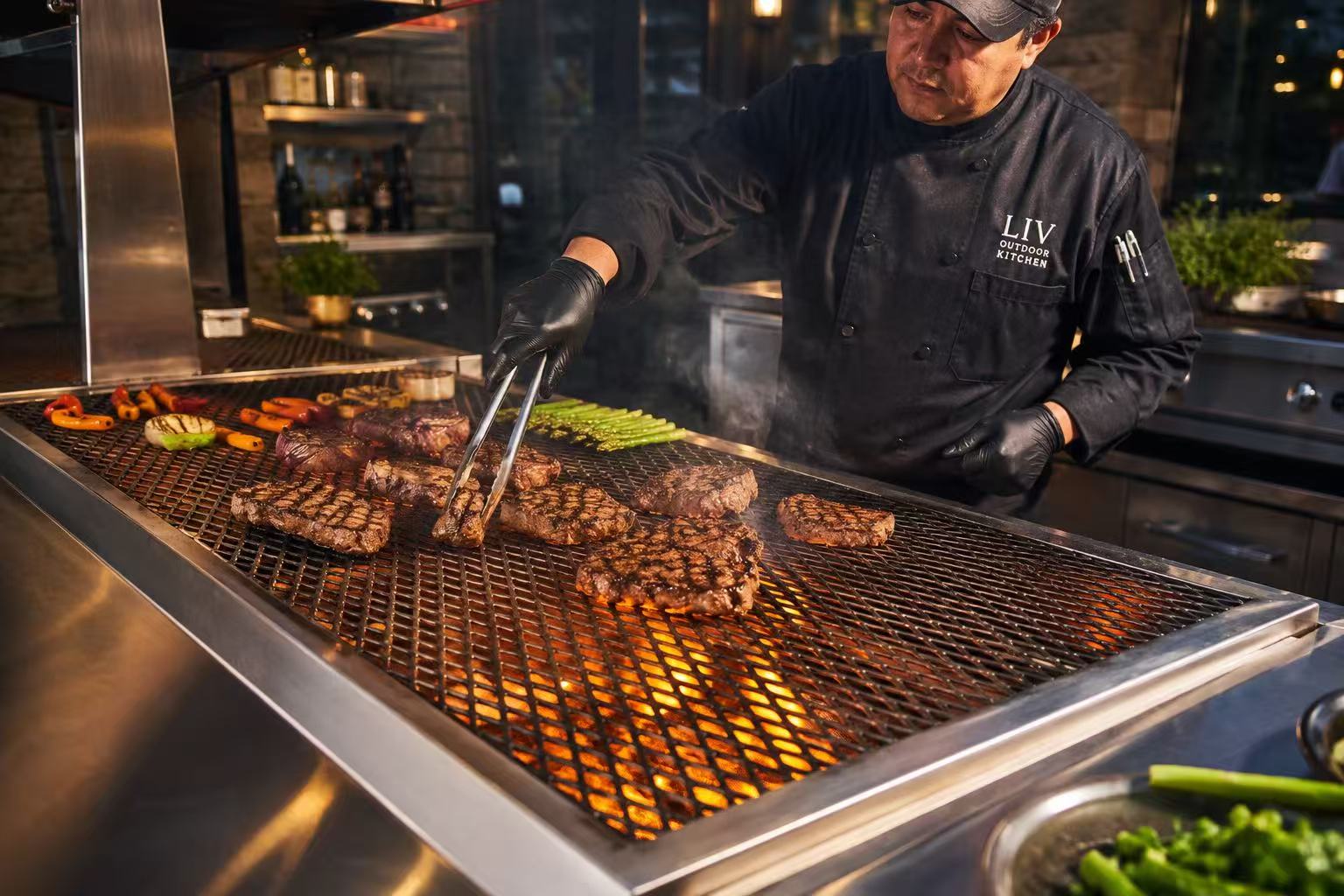 ANJIA Group commercial barbecue grill with expanded metal mesh cooking grates in use