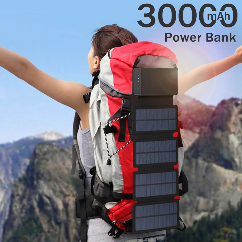 30000mAh Folding Solar Power Bank Charger Solar Panel Sunpower Battery Solar Celles Outdoors External Solar Battery Pack