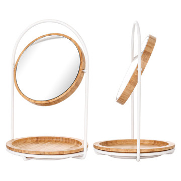 Customized Factory Standing Tabletop LED Lit Double Sided Round Makeup Mirror with Wooden Base