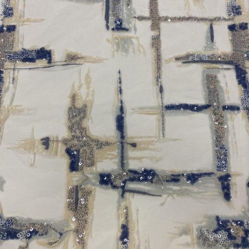 Baby Blue Maze Sequins Embroidery On Mesh Fabric