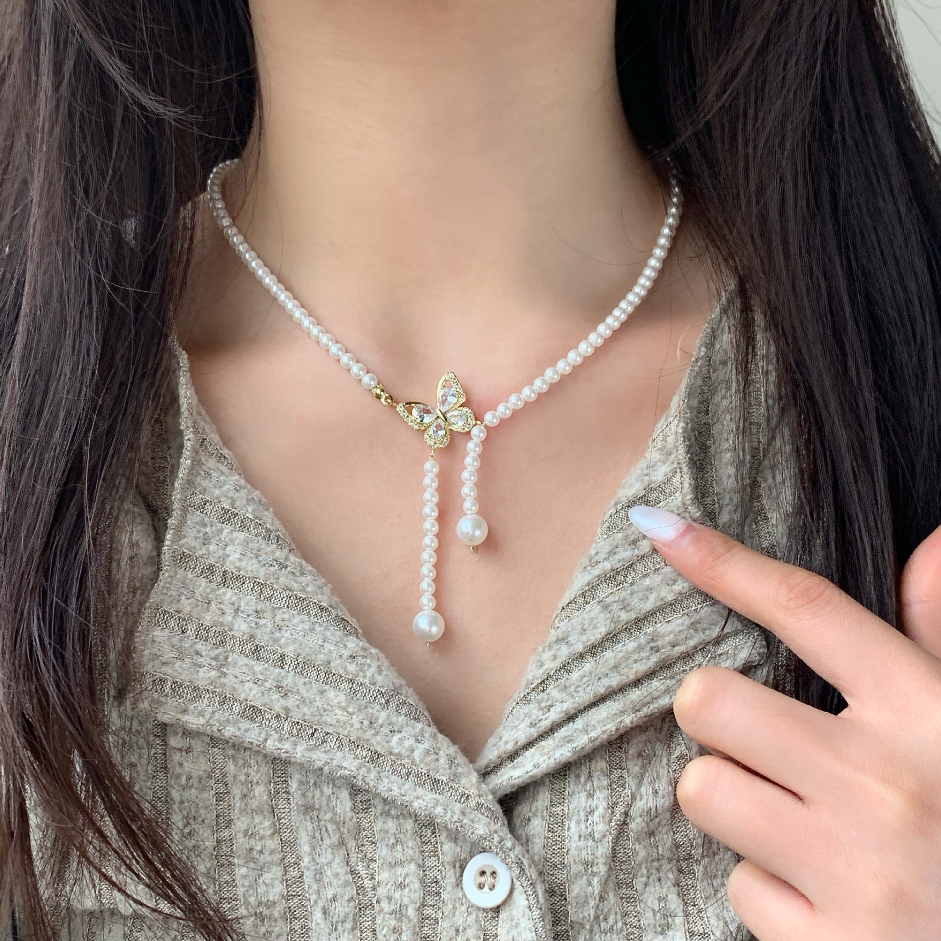 Butterfly Pearl Beads Necklace 18k Gold Plated Fashion