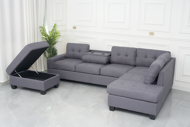 Kain stasioner L bentuk sofa dengan ottoman