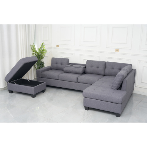 Kain stasioner L bentuk sofa dengan ottoman