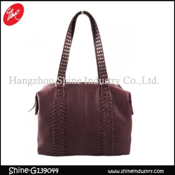 studded handle handbag/beauty weave shoulder bag/wine red pu leather duffel bag
