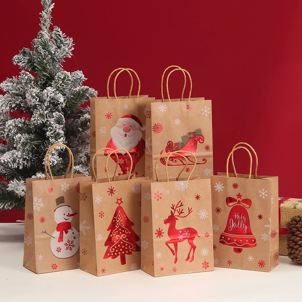 Luxury personalizado Logotipo impreso Embalaje de regalos de Navidad Compras portátiles Bolsa de papel Kraft