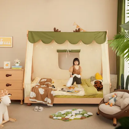 Kids Cartoon Wooden Bed with Canopy Cover