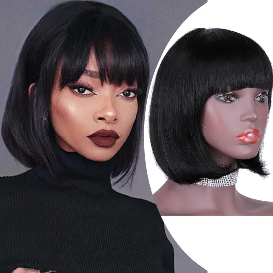 12 inch Brazilian natural black Silky Smooth human hair Bob wig Short Machine Made straight Wig with bangs for women