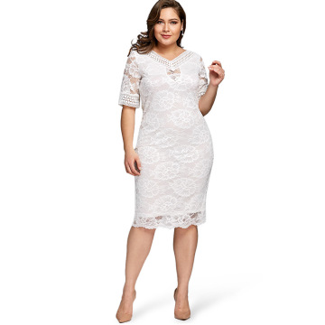 Short Sleeve White Plus Size Lace Dress