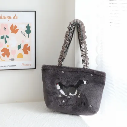 Grey Cat Plush Handbag - Lucifer Satchel for Women