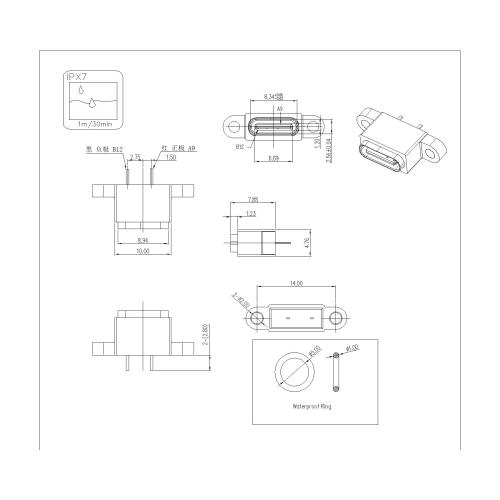 Type-C 2P Female Waterproof 180° THT