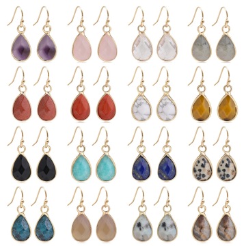 Natural Stone Faceted Teardrop Gold Wrapped Pendant Earrings Crystal Waterdrop Pendant Dangle Earring with Gold Hook for Women