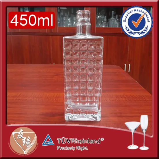 fancy high flint liquor flat square bottle 450 ml embossed spirit bottle suppliers