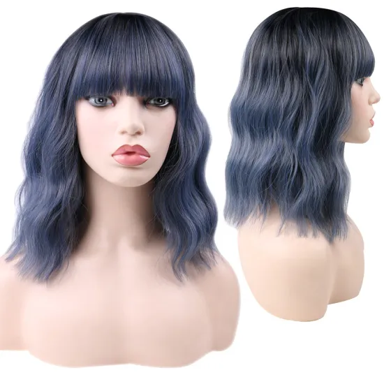 Wholesale T1B Blue Short Curly Ombre Synthetic Bob Wigs With Bang Heat Resistant Synthetic Woman Hair Curly Cheap Wigs For Party