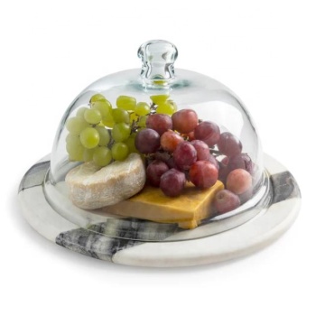Handcrafted White and Black Marble Cheese Board with Glass Dome: Perfect Display Plate for Meat, Chocolate, and Cake