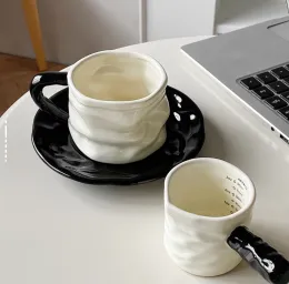 Unique Wrinkled Design Ceramic Coffee Mugs with Saucers