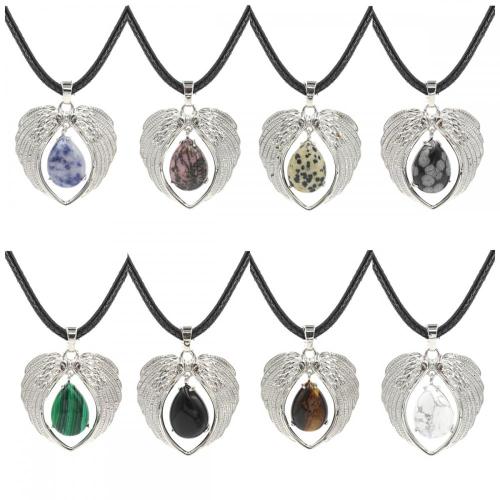 Gemstone Silver Alloy Wing Teardrop Gemstone Pendant Necklace Heart Shape Crystal Healing Wing Choker for Women Anniversary Gift