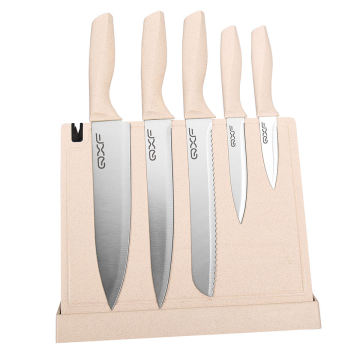New Design Wheat Straw Handle 6 PC Stainless Steel Kitchen Knife Set with Holder