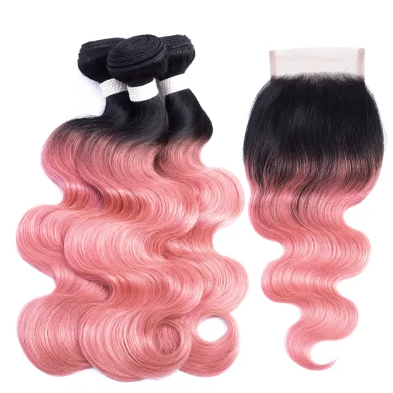 Unprocessed Peruvian Hair Cuticle Aligned Human Hair Bundles with Lace Closure Body Wave  OT colors Hair  T1b Green Color