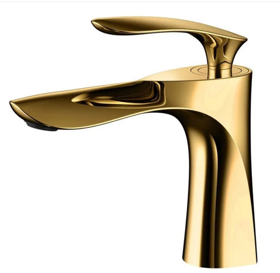 Błyszczący złoty kran umywalkowy do łazienki z pojedynczą dźwignią obrotowa wylewka luksusowy nowoczesny kran zimny i gorący
