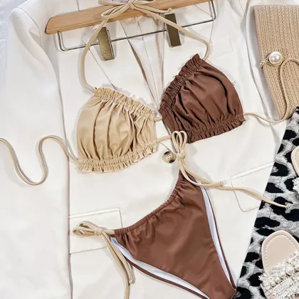 Patchwork Pleated Bandeau Swimsuit - Women's Bikini Set for Sexy Bikinis and Swimsuits