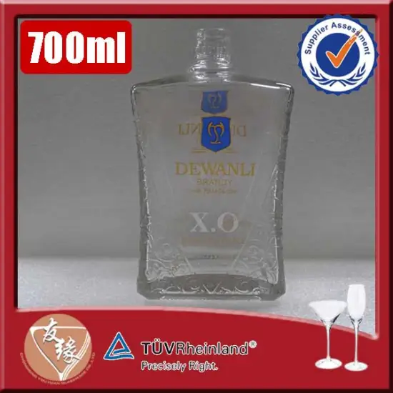 China factory spirit glass bottle 70 cl square embossing high flint cognac xo bottle glass