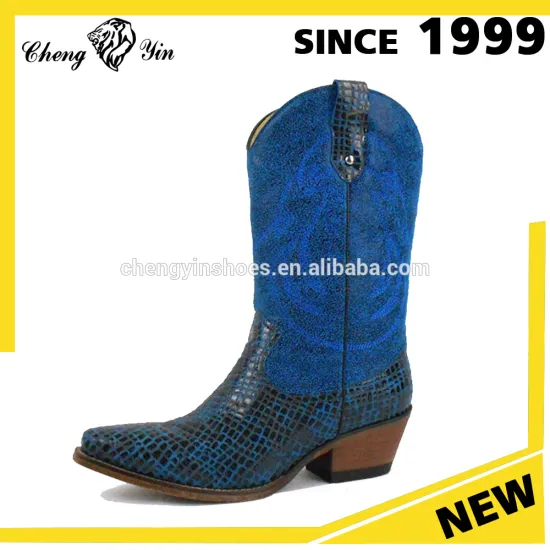 2017 popular classic model chunky heel ankle boots blue shiny skin western shoes women