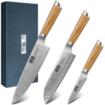 Professional HOSHANHO 3-Piece Damascus Kitchen Knife Set: VG-10 Super Steel Chef Knives with Ergonomic Handles