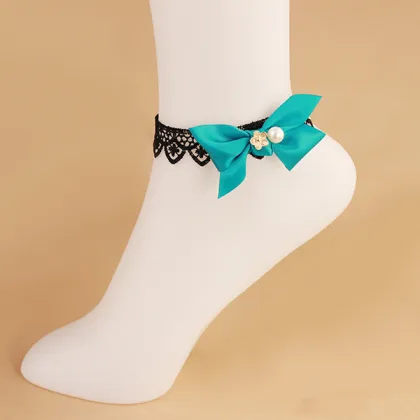 Foot Jewelry Sex Black Lace Anklet Bracelet Bowknot Pearl