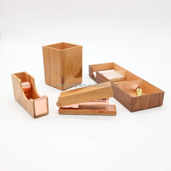 Office Essentials: A Comprehensive Wooden Desktop Stationery Set Including Pencil Holder, Stapler, Memo Holder, and More