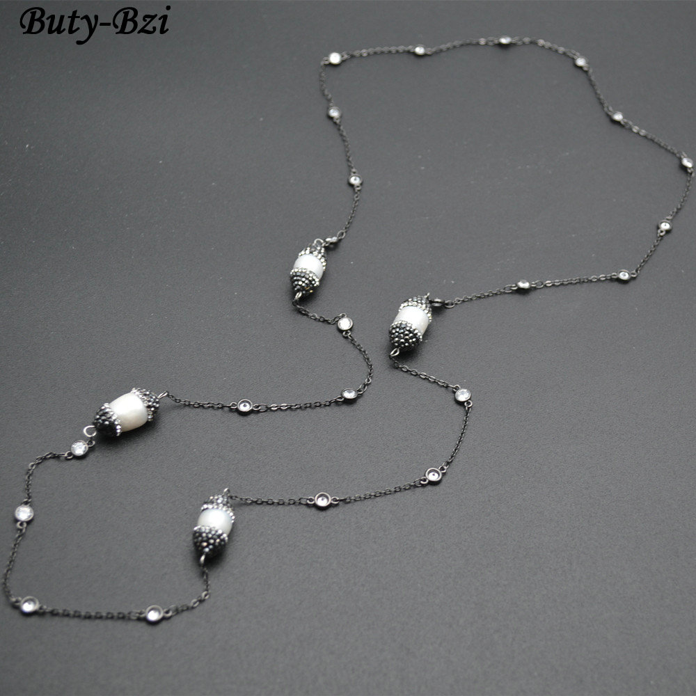 Paved Black Crystal Natural White Fresh Water Potato Pearl Linked with CZ Beads Long Chains Necklace Fashion Sweater Jewelry