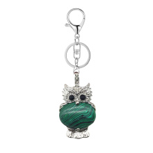 Malachite Oval Beads CZ Rhinestone Silver Owl Pendant Keychain Lobster clasp