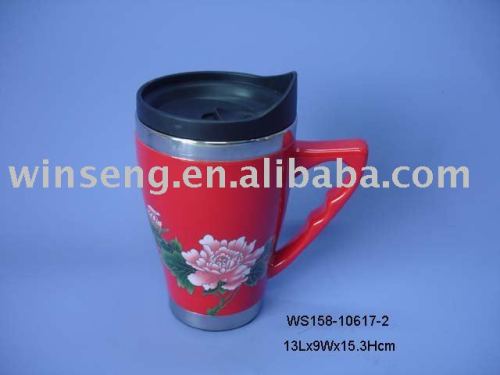 Porcelain red glaze double wall vacuum cup with plastic lid