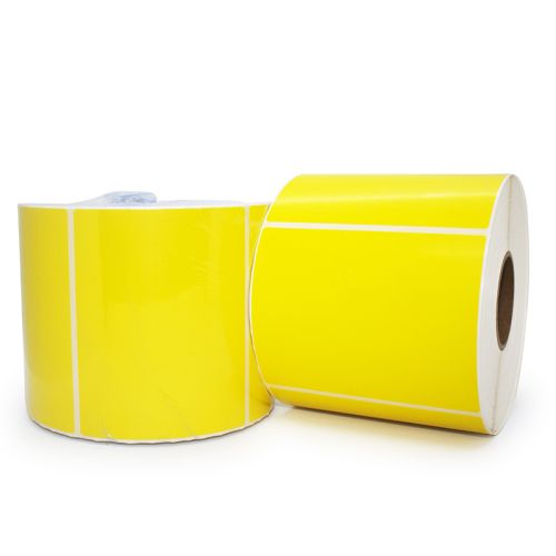 Rollo de etiqueta térmica de color amarillo en blanco