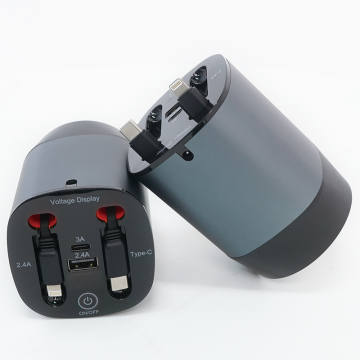 60W Retractable Car Charger with Double Type C Cables and 2 USB Ports Adapter