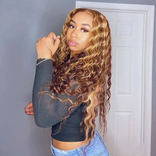 13X4 Lace Front Hair Wig Gradient Gold 1B/27 Color Curly Human Hair Wig Suitable for Women Deep Wave Real Human Hair Lace Wig