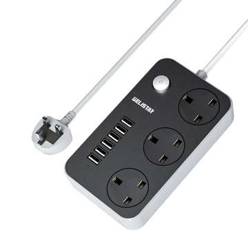 Black 3-Way 6-USB Security Power Strip with Switch - New British Socket
