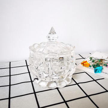 Hot Sale Delicate Petal Crystal Glass Sugar Candy Jar with Embossed Lid