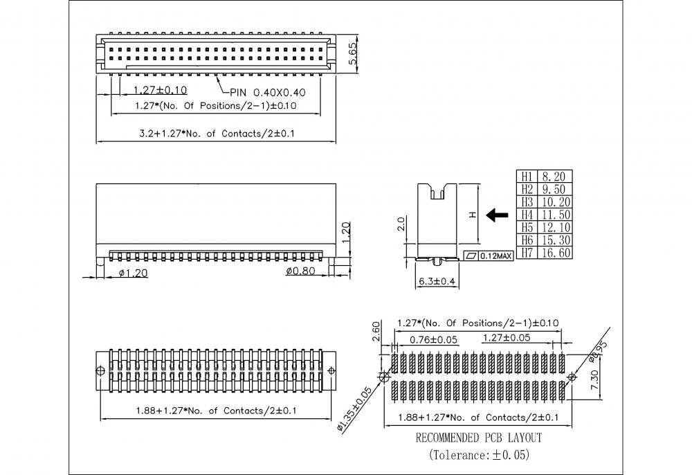 Encabezado de caja de tono 1.27 mm (.050 &quot;) SMT 90/Horizontal