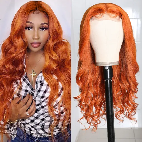 13*6*1 ginger orange color body wave t part human hair lace wig, middle part human hair lace wig