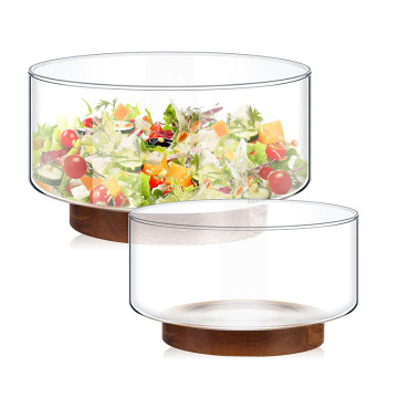 Acacia Wood Base Glass Fruit Popcorn Bowls & Extra Large Salad Serving Bowl Set